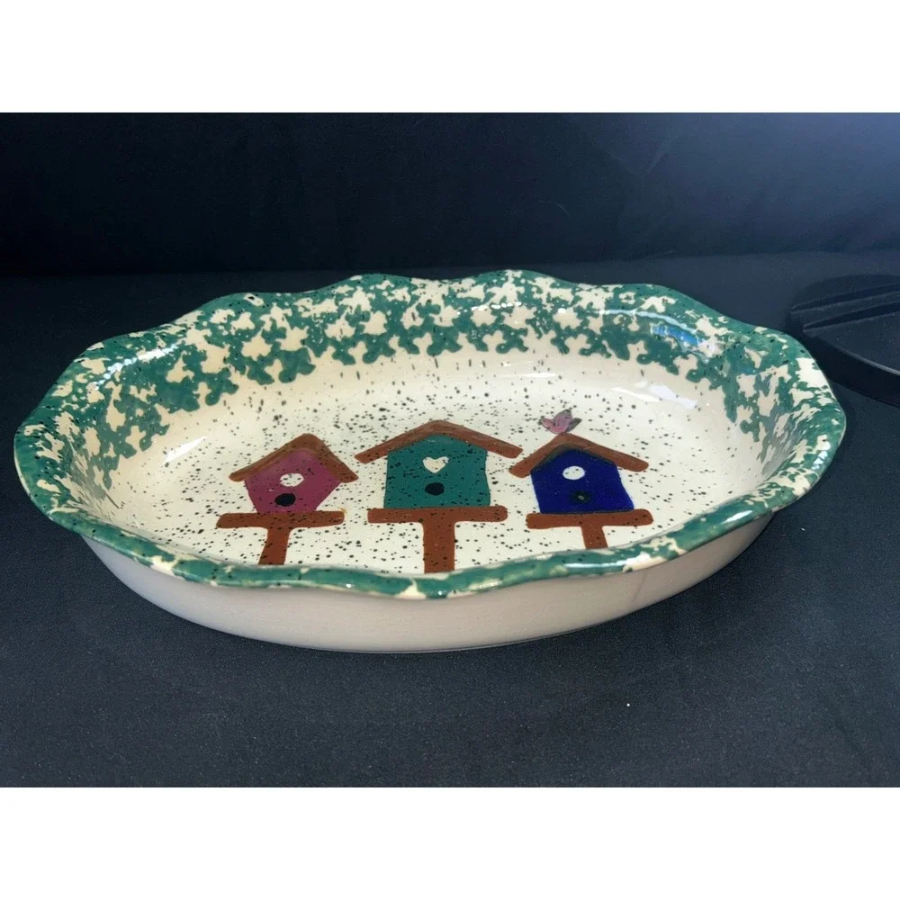 Gibson Design Oval Ceramic Pie‎ Plate Green Speckled Trim Three Birdhouses Decor